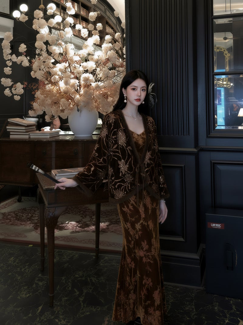 Yailla Versatile New Chinese Retro Rich and Noble Temperament Light Luxury Mink Fur Lined Embroidered Beaded Top and Jacket Set + V-Neck Jacquard Slip Dress Women'S Set Niche Design Tang Coat Suit - Image 5
